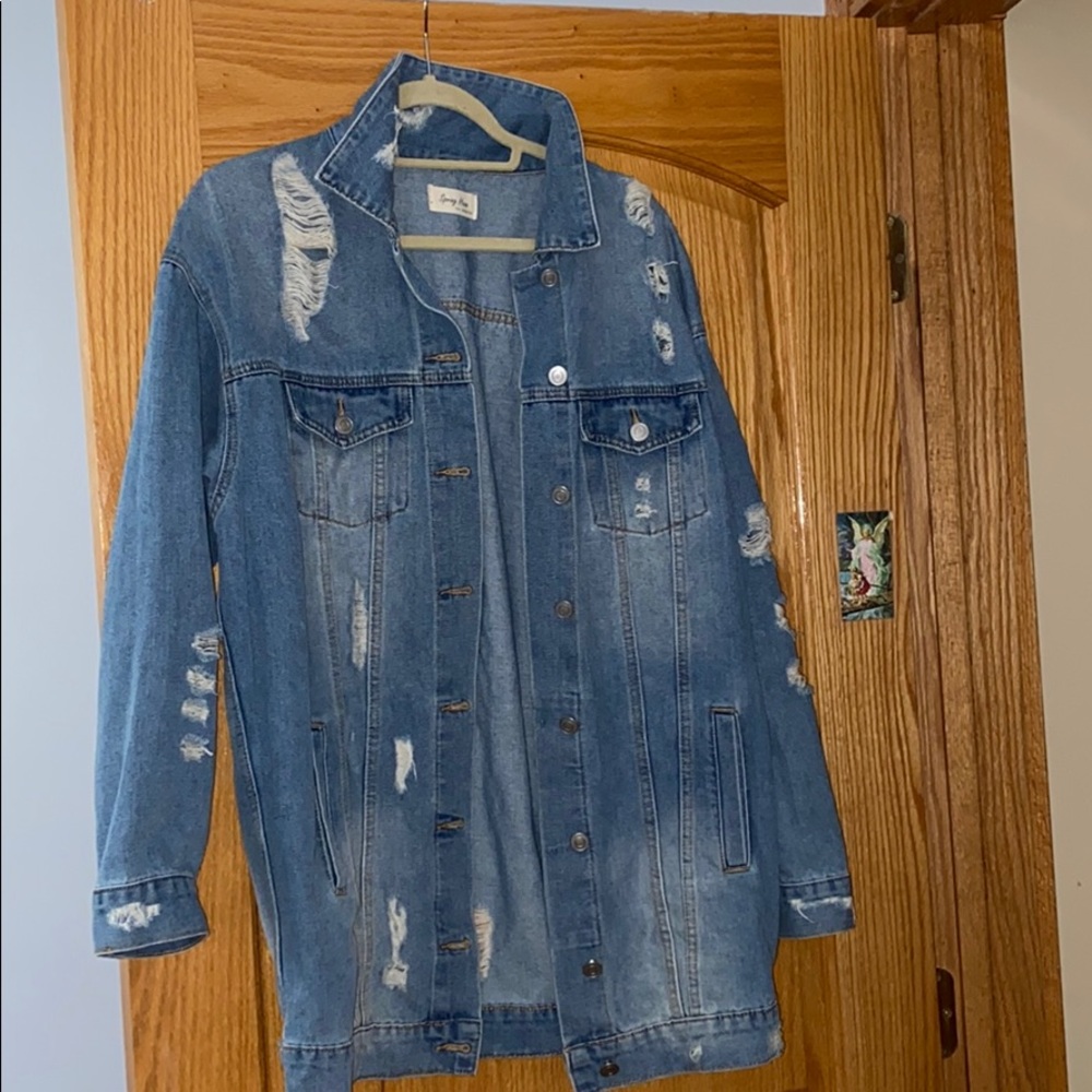 Long distressed denim jacket